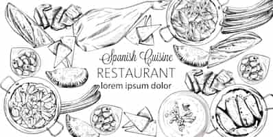 Free vector set of spanish national food. mussels, jamon bone, baguette, cheese, calzone, seafood soup, green beans or spinach puree