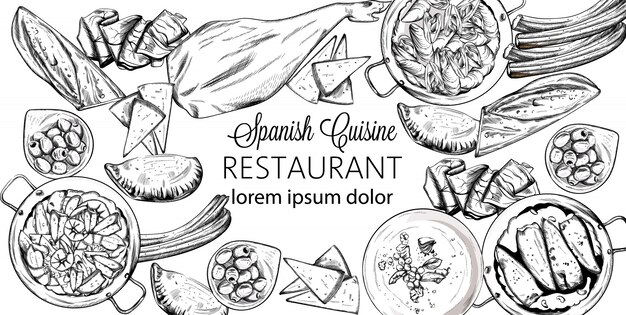 スペインの国民食のセット。ムール貝、ハモンの骨、バゲット、チーズ、カルゾーネ、シーフードスープ、インゲン、またはほうれん草のピューレ