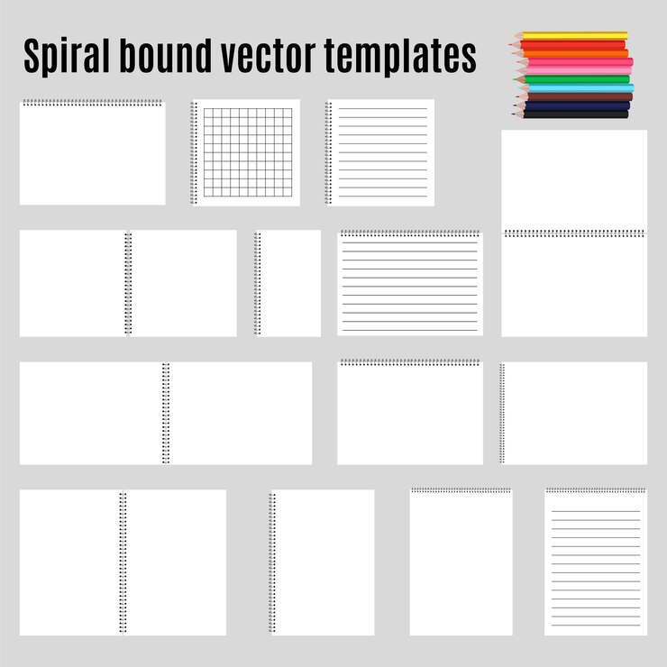 Free Vector set of spiral bound horizontal notepads and pencil. collection.