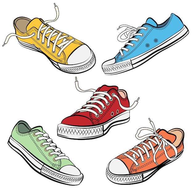 Set of sport shoes or sneakers in different views.