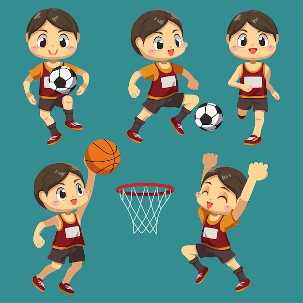 Vettore gratuito set di sportivo con basket e calcio con trofeo nel personaggio dei cartoni animati, illustrazione piana isolata azione di differenza