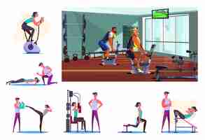 Free vector set of sportsmen during workout at gym