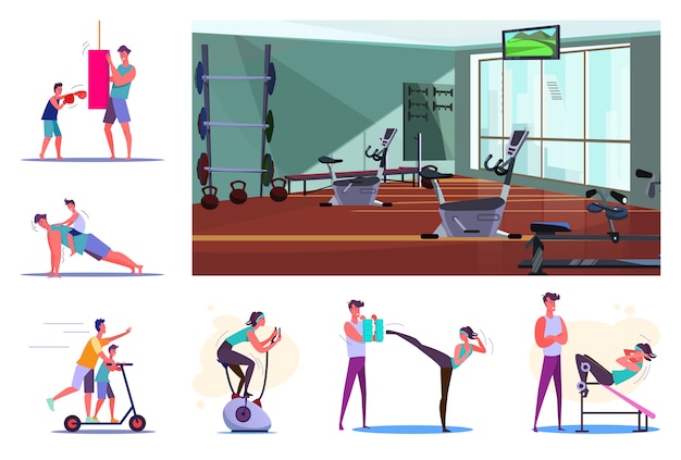 Free vector set of sporty young people training