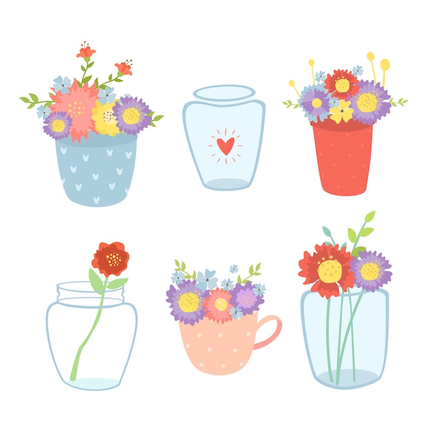 Free vector set of spring flowers in vases