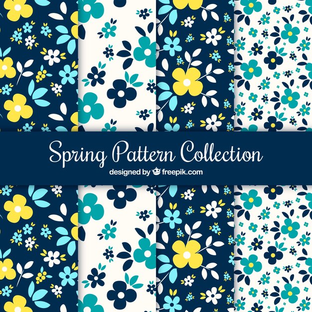 Set of spring patterns with blue and yellow flowers