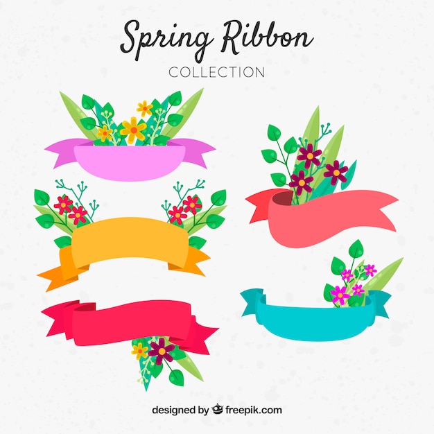 Set of spring ribbons with flowers and different colors