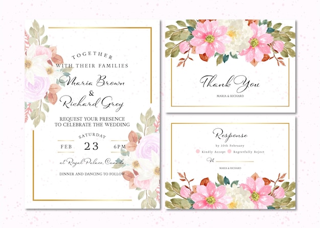 Free vector set of spring watercolor floral wedding invitation card