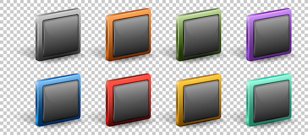 Set of square button with metal frame isolated on white background