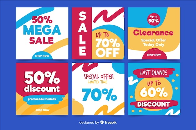 Free vector set of square sale banners for promotion on instagram or social media