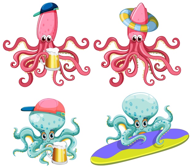 Free vector set of squid and octopus cartoon character set