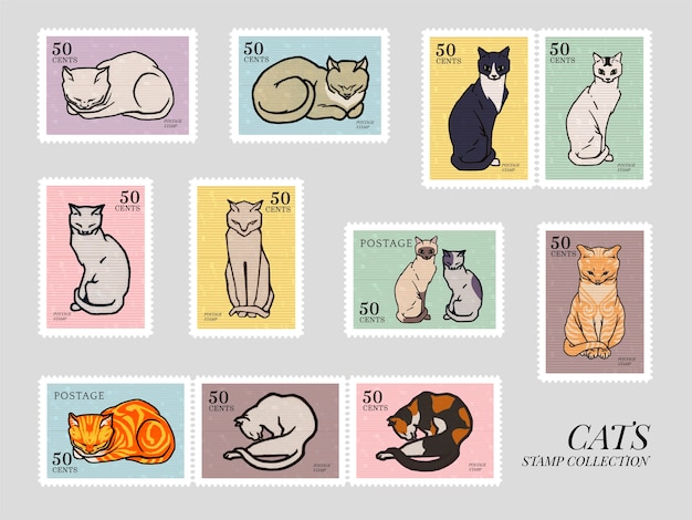 Set of stamps with cats