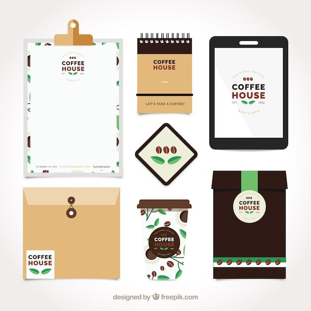 Set of stationery and coffee accessories in flat design