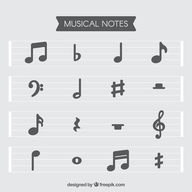 Set of staves and musical notes in flat design