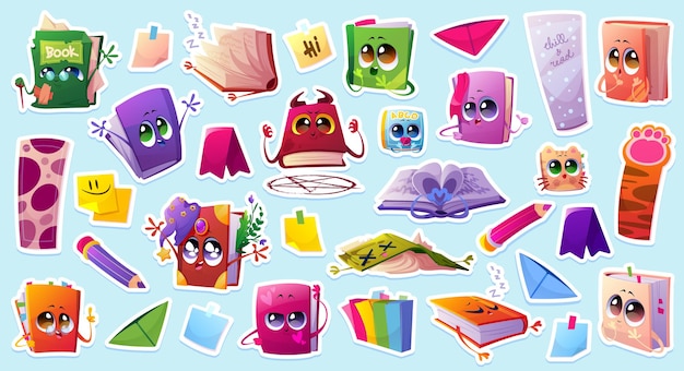 Free vector set of stickers cartoon books, notes, bookmarks