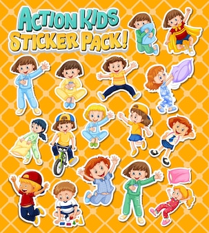 Set di design di adesivi con bambini che svolgono diverse attività