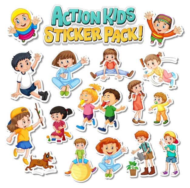 Set of stickers design with kids doing different activities