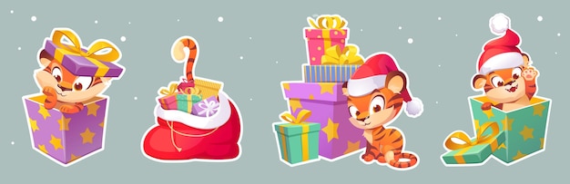 Set of stickers new year tiger in santa hat