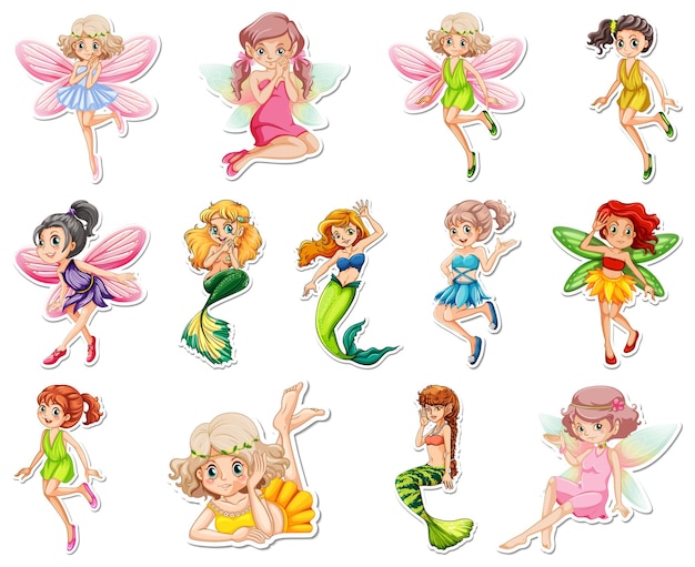 Set of stickers with beautiful fairies and mermaid cartoon character