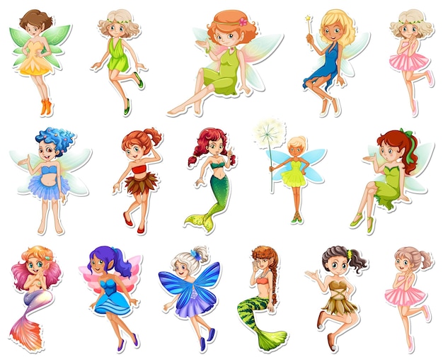 Set of stickers with beautiful fairies and mermaid cartoon character