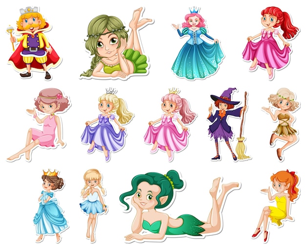 Free vector set of stickers with beautiful fairies and mermaid cartoon character