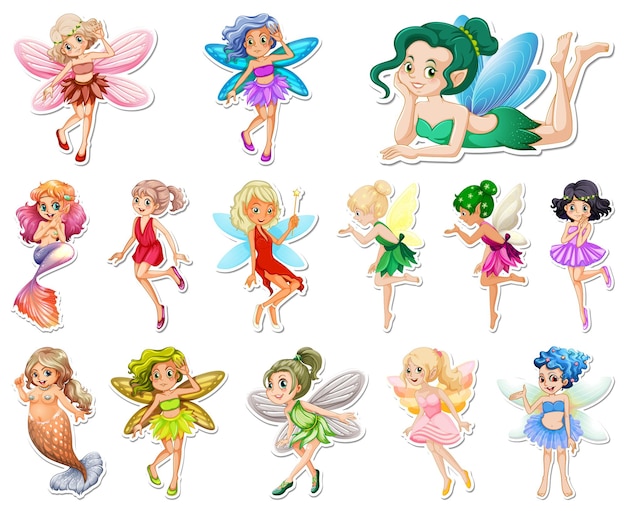 Free vector set of stickers with beautiful fairies and mermaid cartoon character