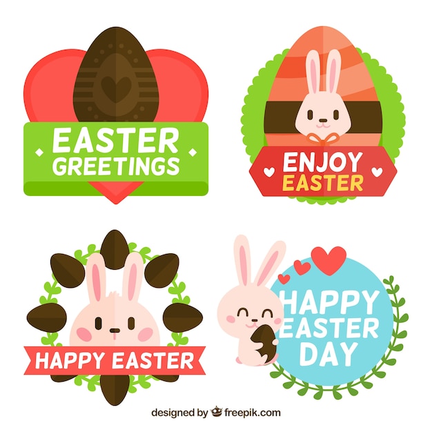 Free vector set of stickers with bunnies and easter eggs