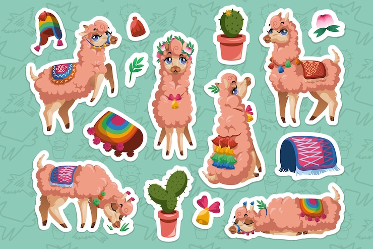 Free Vector set of stickers with llamas and alpacas