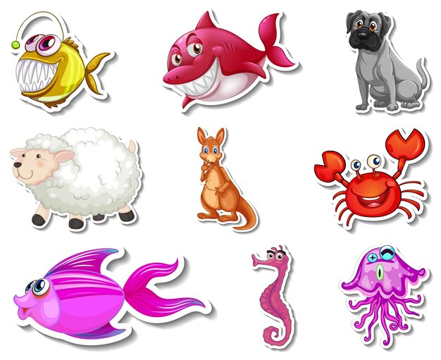 Set of stickers with sea animals and dogs cartoon character