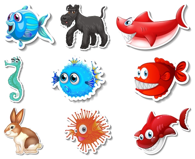 Free vector set of stickers with sea animals and dogs cartoon character