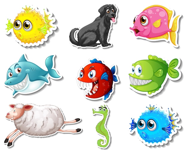 Free vector set of stickers with sea animals and dogs cartoon character