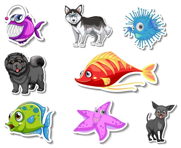 Set of stickers with sea animals and dogs cartoon character