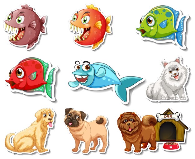 Set of stickers with sea animals and dogs cartoon character