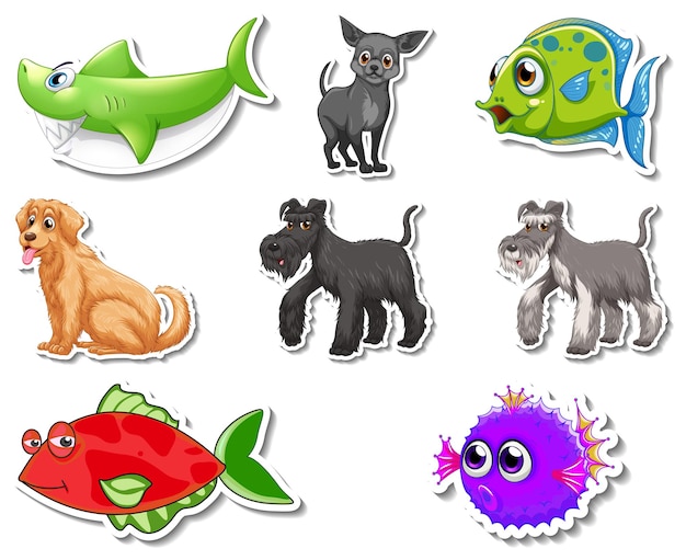 Vettore gratuito set di adesivi con personaggi dei cartoni animati di animali marini e cani