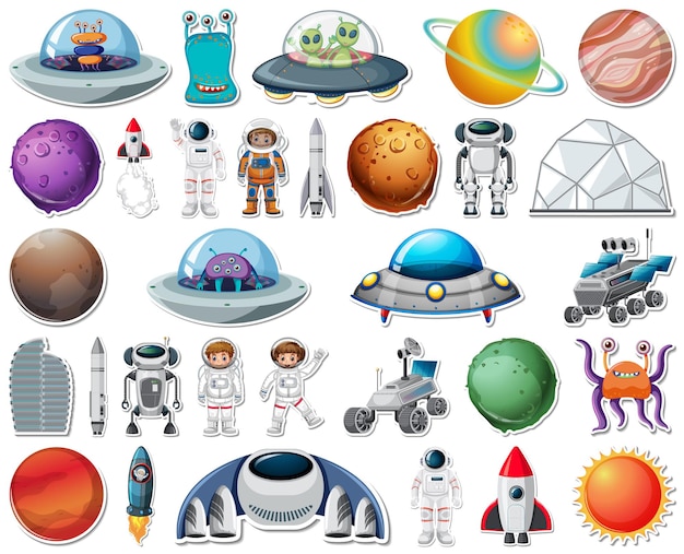 Free vector set of stickers with solar system objects isolated