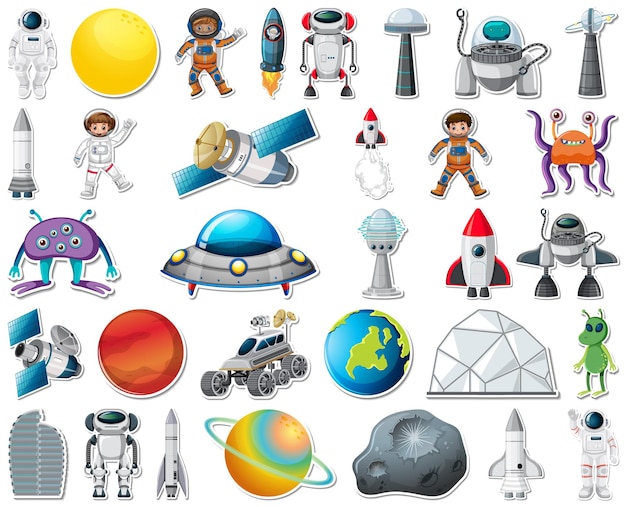 Free vector set of stickers with solar system objects isolated