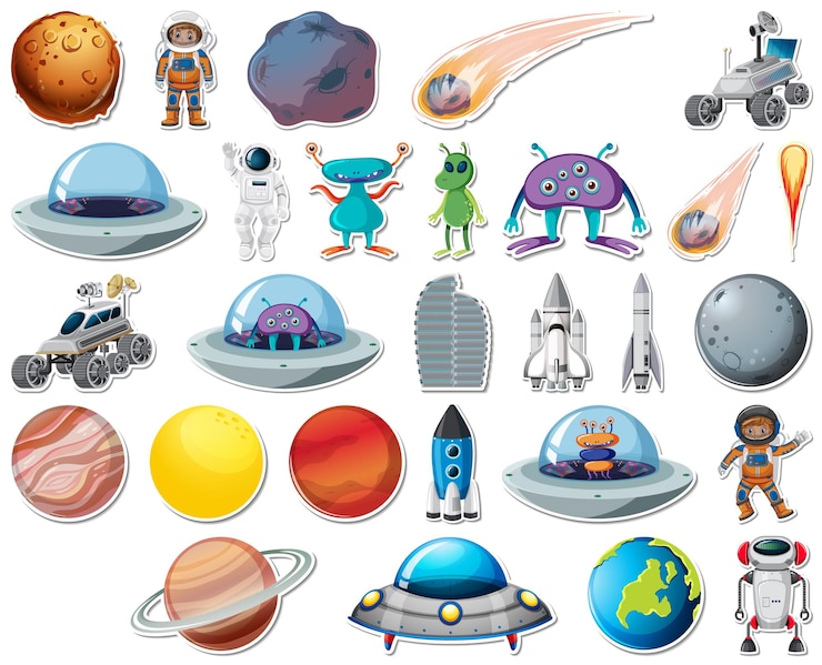 Free Vector set of stickers with solar system objects isolated