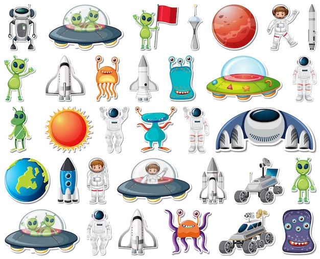 Free vector set of stickers with solar system objects isolated
