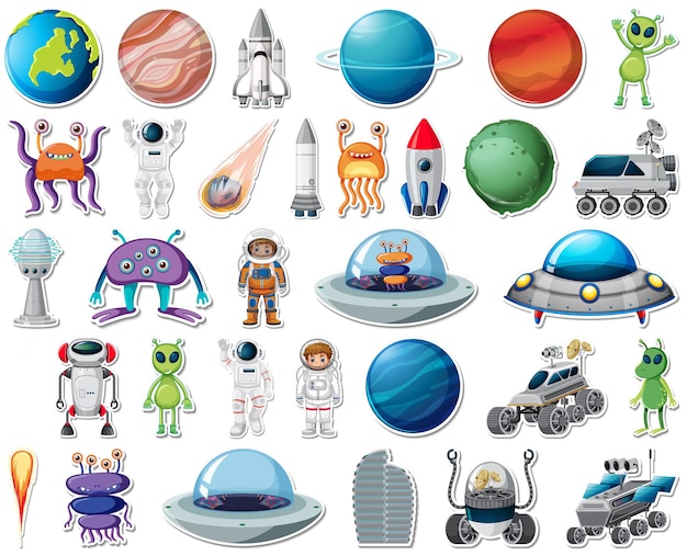 Set of stickers with solar system objects isolated