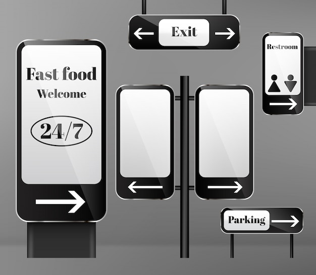 Free vector set of street signposts on metal poles, direction signs with arrows isolated on background.