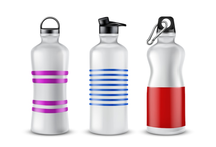 Free Vector set of striped plastic bottles with lids for drinks, isolated on background.