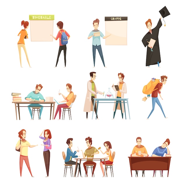 Free vector set of students near timetable