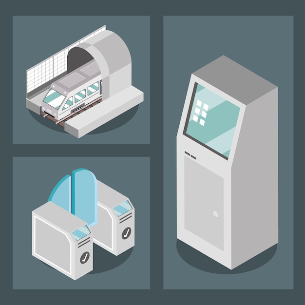 無料ベクター 地下鉄の電車の機械とセキュリティの改札口を設定します