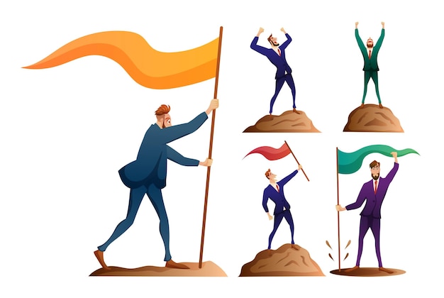 Free vector set of success young businessman with flag on high mountain