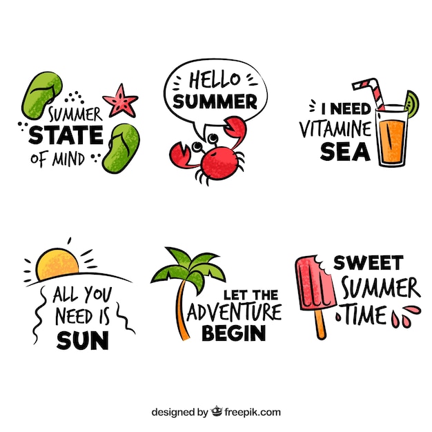 Free vector set of summer badges with beach elements in hand drawn style