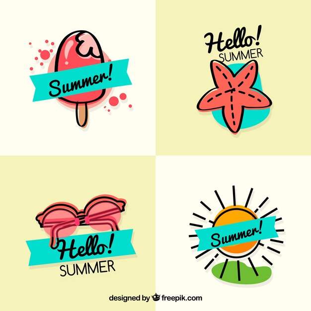 Set of summer badges with beach elements in hand drawn style