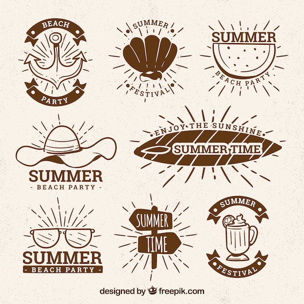 Free vector set of summer badges with beach elements in hand drawn style