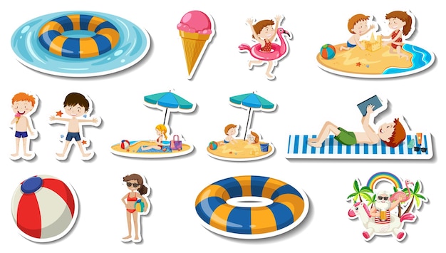 Free vector set of summer beach items and children