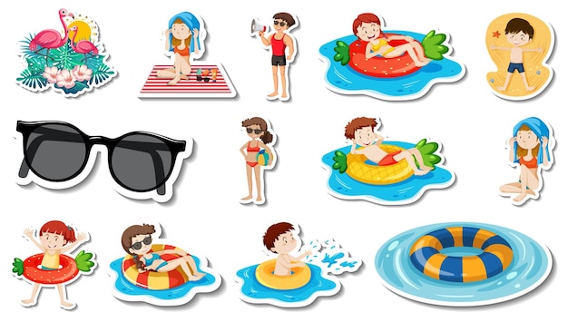 Set of summer beach items and children