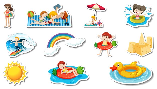 Set of summer beach items and children