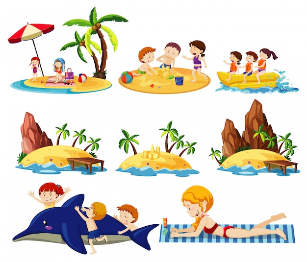 Free vector set of summer beach land and icon cartoon style on white background